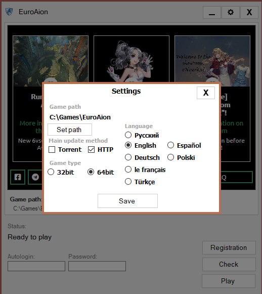 EuroAion launcher Settings window: game install path, update method (Torrent/HTTP), client architecture (32/64-bit) and language